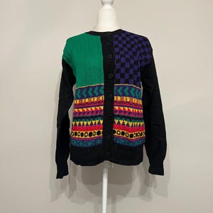 80s Russ Studio geometric cardigan, cottage patterned cardigan, vintage cardigan, fair isle cardigan, 80s patchwork sweater, size M