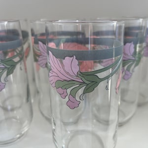 6 Noritake Cafe Du Soir water glasses, 80s 90s pink & purple floral glasses, 12oz coolers, vintage floral highball glasses, floral tumblers
