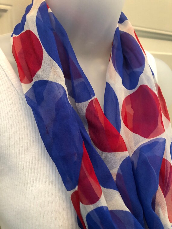 60s 70s Vera red white & blue silk infinity scarf… - image 9