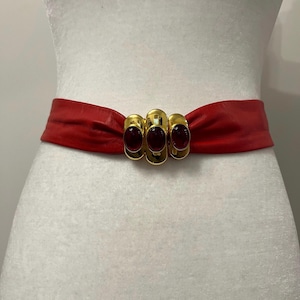 80s Liz Claiborne red leather belt, embellished red belt, red & gold belt, vintage waist belt, red cinch belt, wide red leather belt, S