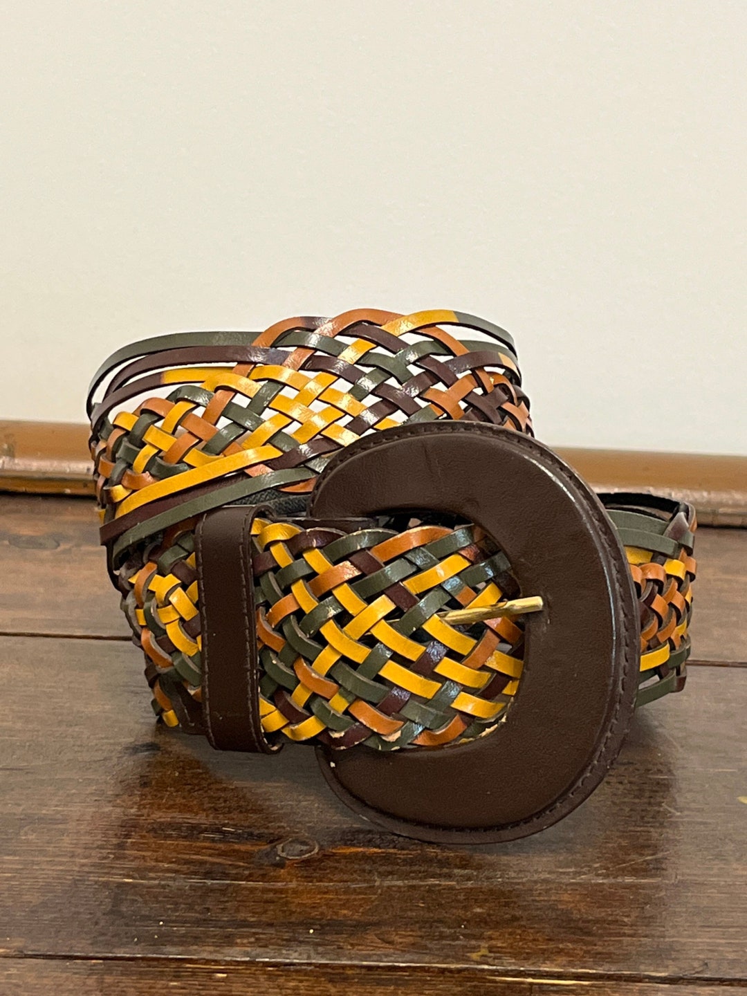 80s Milor Wide Braided Belt, Brown Mustard Green Braided Belt, Bonded
