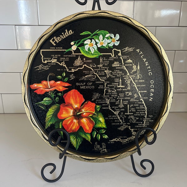 Vintage Florida metal tray, decorative tray, Florida souvenir tray, Hibiscus tray, bar tray, wall decor, collectible metal platter