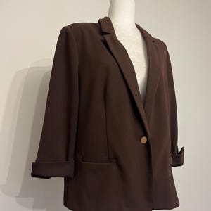 80s brown polyester blazer, NYCC brown blazer, 3/4 length sleeve blazer, poly/spandex blazer, 80s blazer, Fall chocolate brown blazer, XL