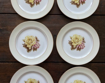 6 Narumi China Yellow Rose bread & butter plates, floral dessert plates, appetizer plates, shabby chic plates, 6 5/8” rose plates
