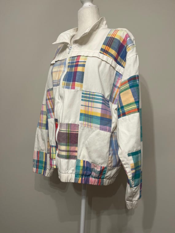 80s Patchit plaid patchwork jacket, white denim p… - image 3
