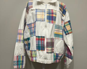 80s Patchit plaid patchwork jacket, white denim patchwork jacket, white & plaid jean jacket, summer denim jacket, rainbow plaid jacket, L