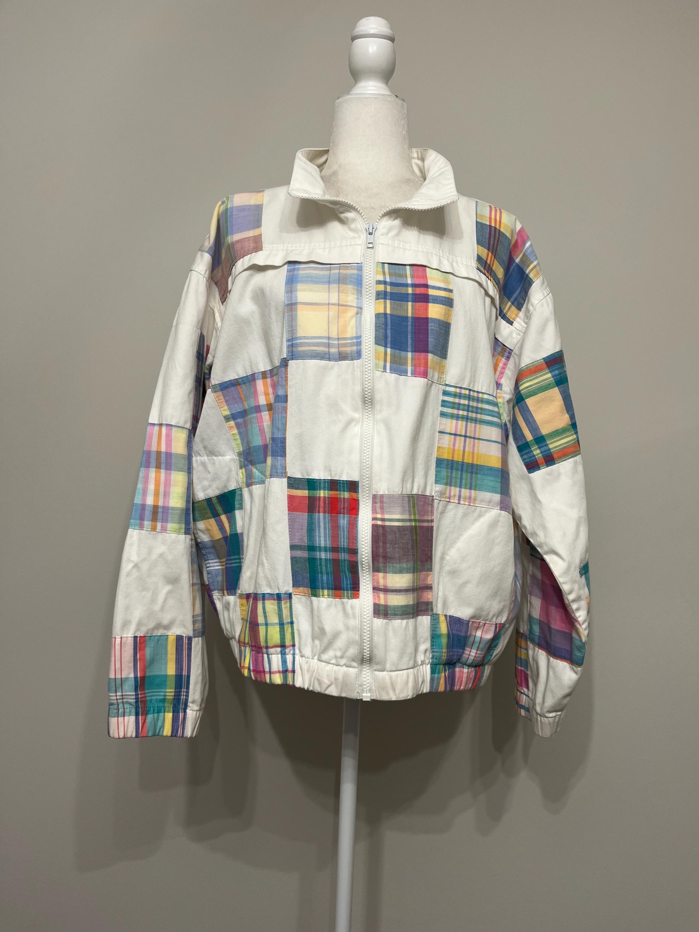 80s Patchit Plaid Patchwork Jacket, White Denim Patchwork Jacket