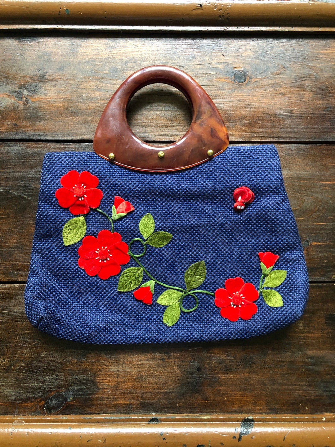 60s Floral Appliqué Purse Navy Blue Jute W Red Flowers Etsy UK