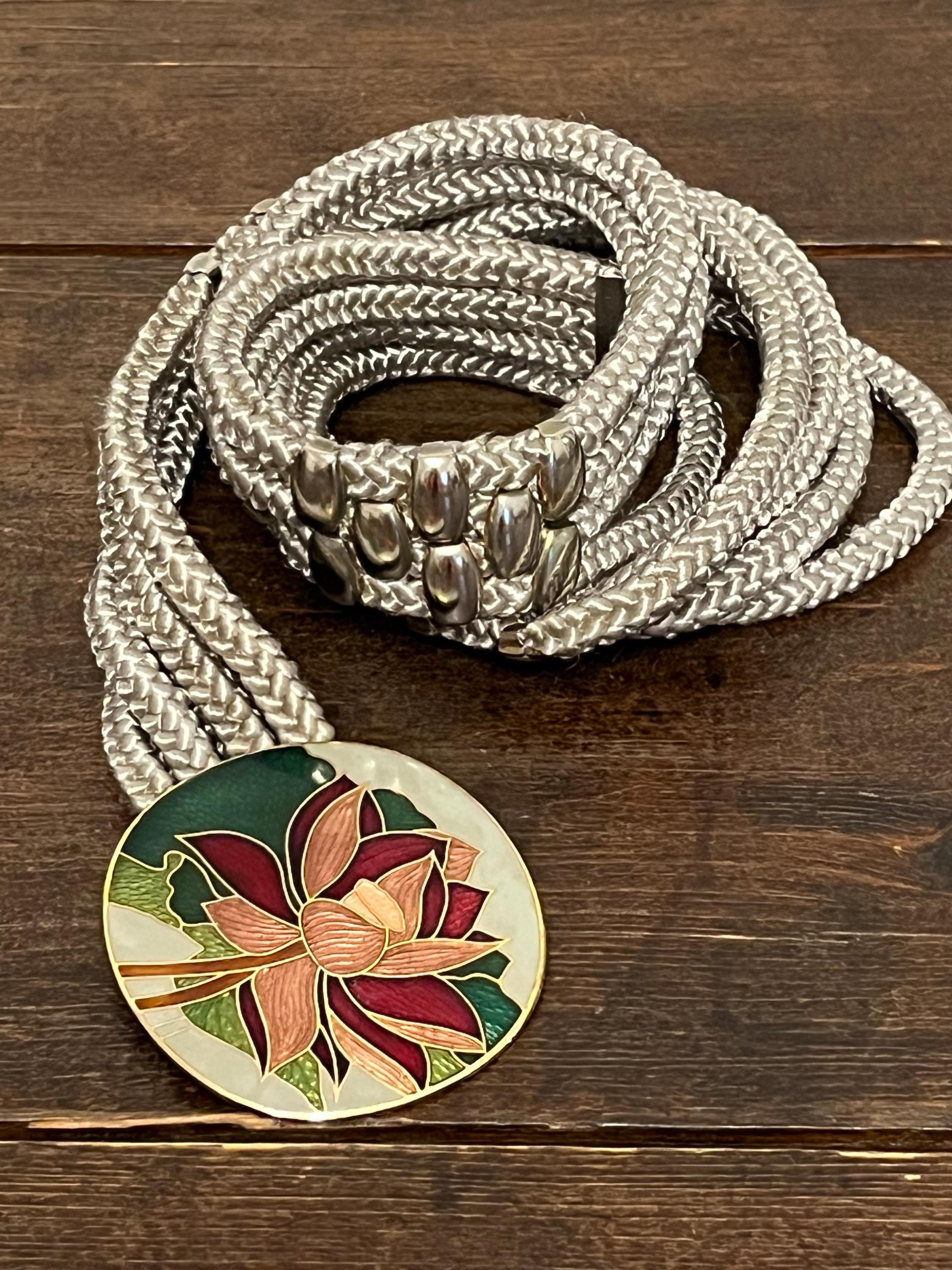 80s Yen China House Rope Belt W Floral Buckle, Gray Floral  display picture 2