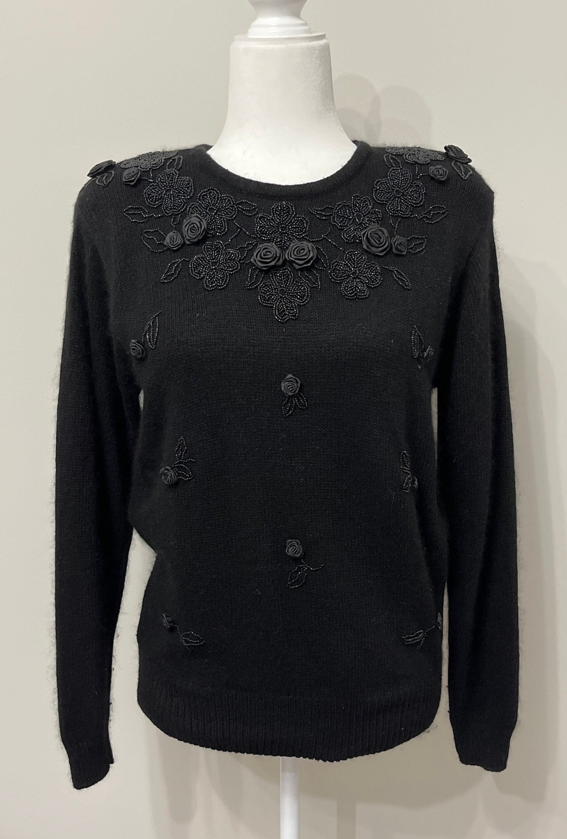 80s 90s Karen Scott Petites Beaded Sweater Black Beaded Sweater W