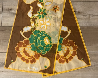 60s 70s long Paoli scarf, floral Paoli scarf, brown yellow green floral scarf, polyester scarf, vintage Paoli scarf, boho scarf, head scarf