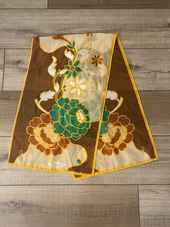 60s 70s Long Paoli Scarf, Floral Paoli Scarf, Brown Yellow  display picture 2
