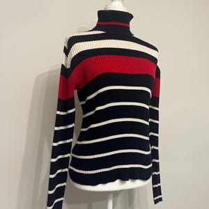 Y2K Lizsport striped ribbed turtleneck, red cream blue striped turtleneck, patriotic sweater, stretch sweater, cotton turtleneck sweater, M