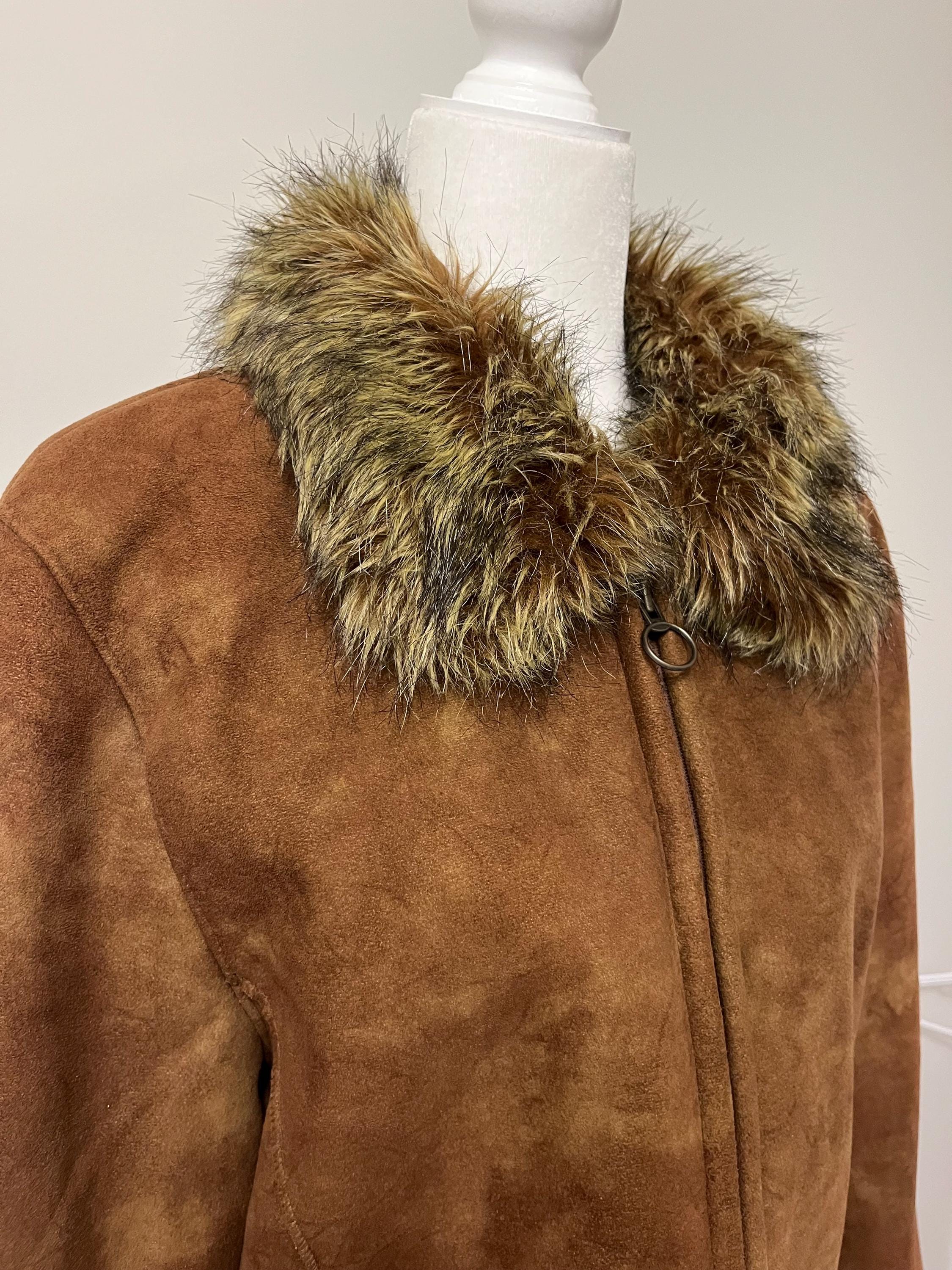 Vintage Faux Suede Faux Fur Collar Coat, 00's White Stag Brown