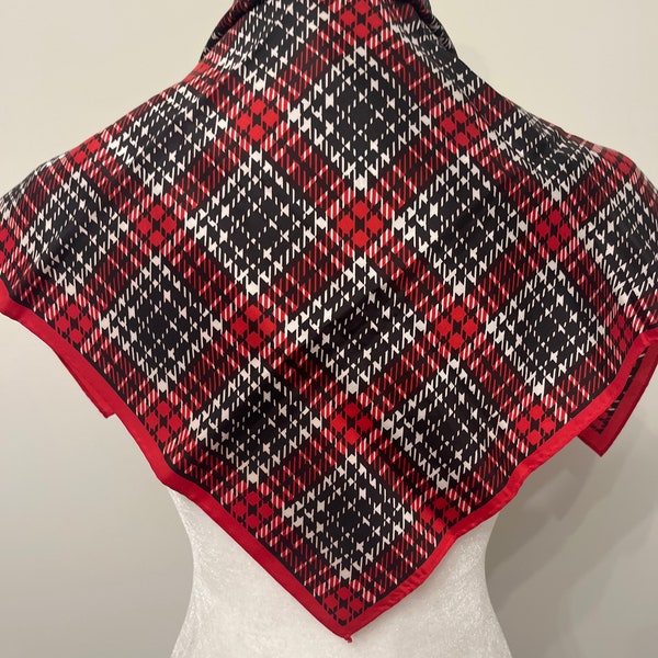 60s 70s red & black houndstooth scarf, vintage neck scarf, mod scarf, geomtric scarf, square scarf, vintage head scarf, checked scarf