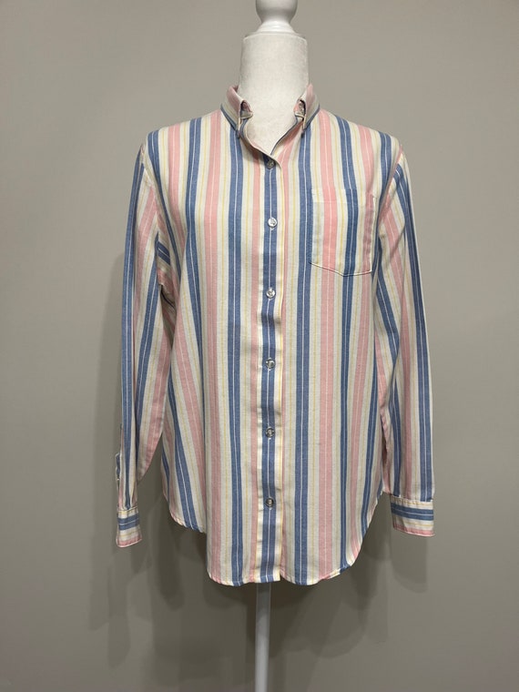 70s 80s ladies Sears Oxford blouse, pastel striped