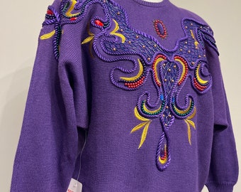 80s purple embellished sweater, NWT Malain sweater, batwing sleeve sweater, purple statement sweater, 80s beaded sweater, loud sweater, S