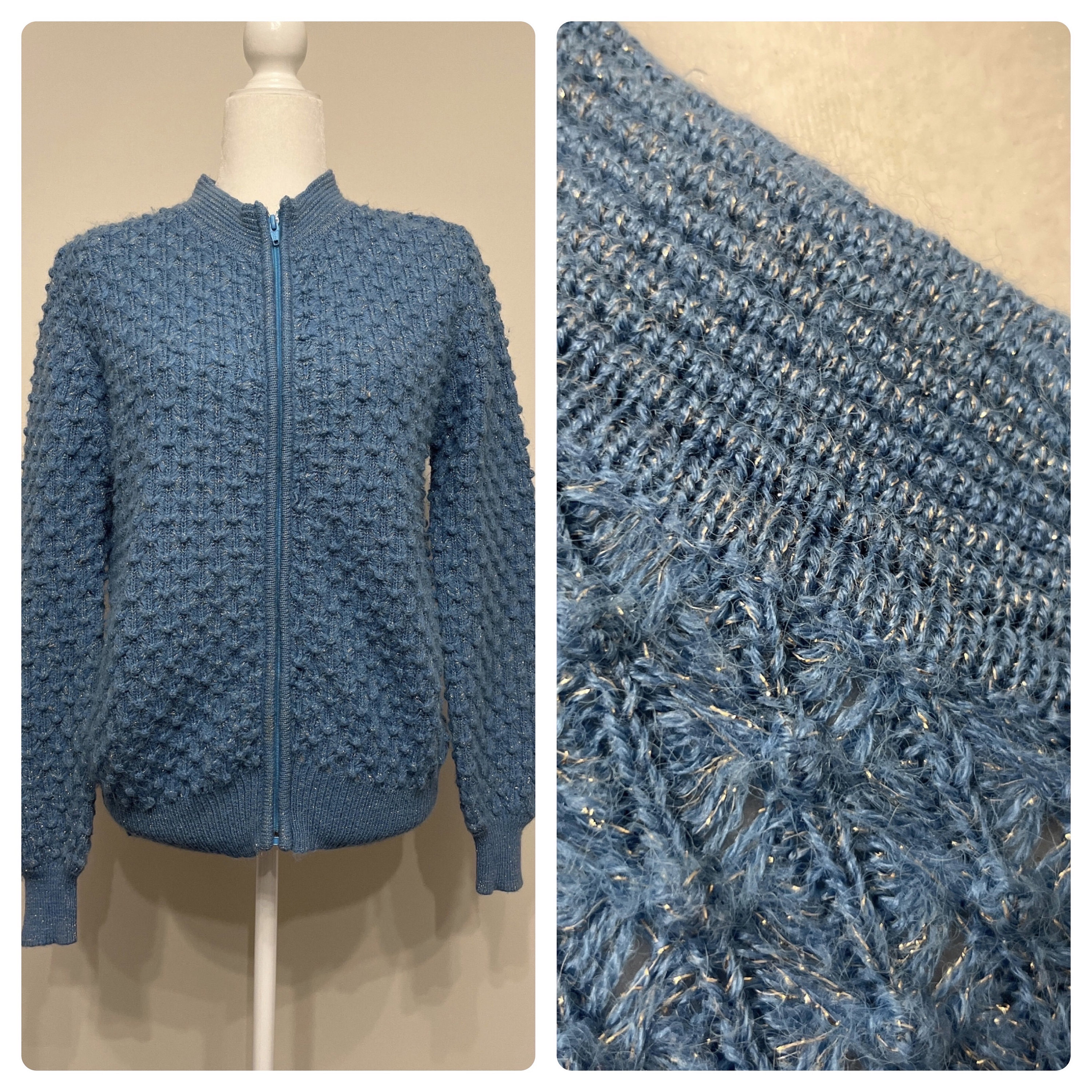 シモンズグランドセール 70s Sparkly Blue Cardigan, Golden Brand Cardigan, Acrylic カーディガン