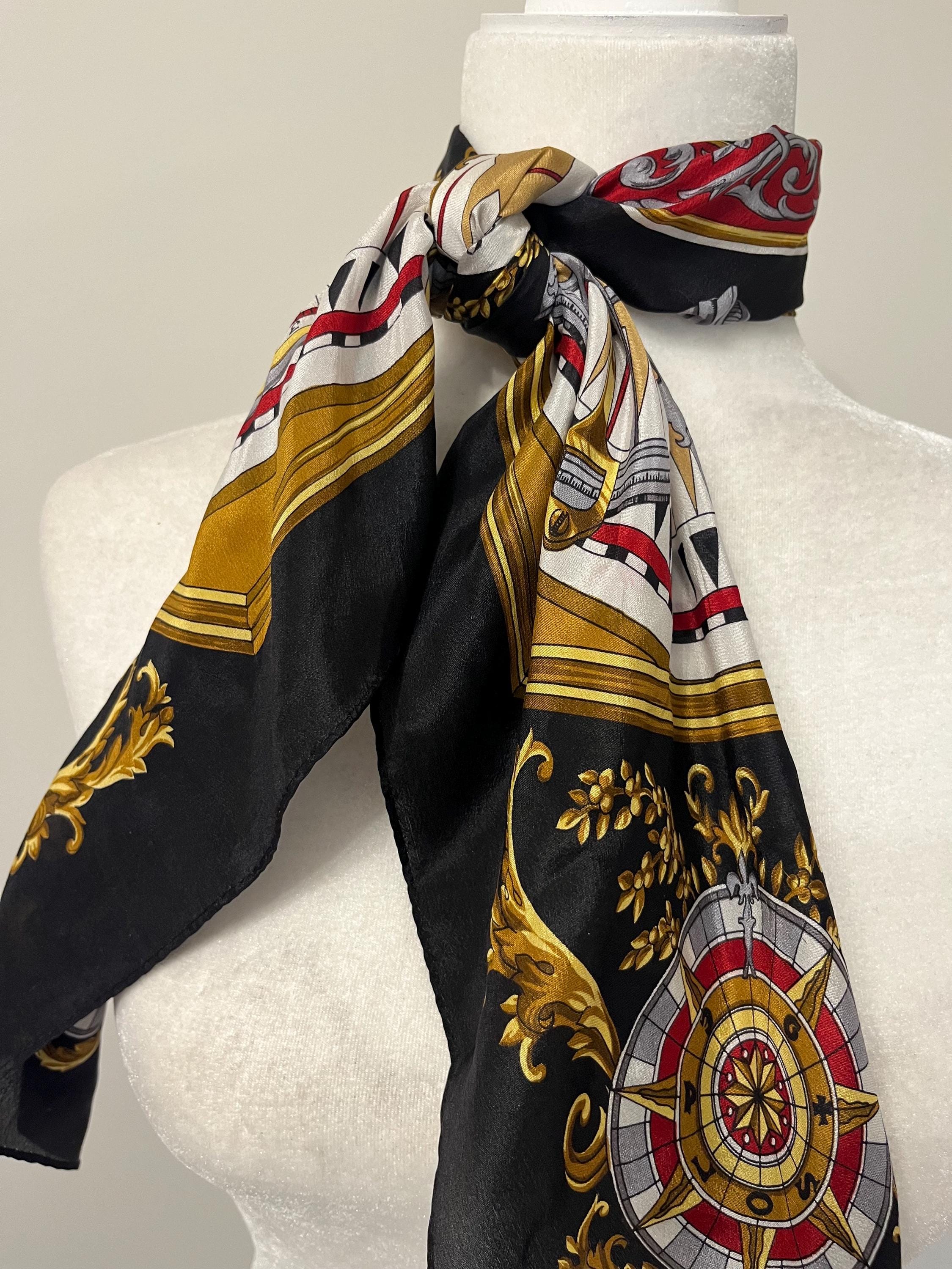 Vintage Echo Silk Scarf, Made in Japan, Baroque Style Clock