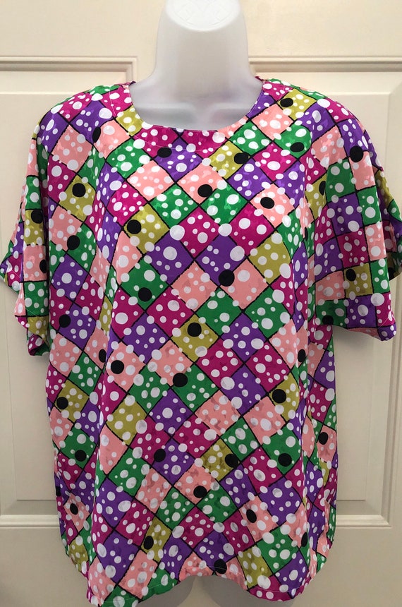 80s 90s Nicola patterned blouse, short sleeve geom