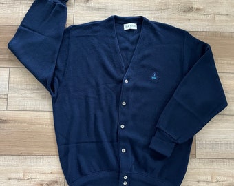 Vintage mens blue IZOD cardigan, acrylic Dad sweater, preppy Ivy League sweater, minimalist cardigan, vintage navy blue cardigan, size XL