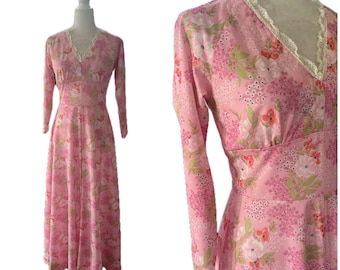 60s 70s pink floral maxi dress, handmade polyester maxi dress, long boho dress, flower child dress, vintage flowered formal dress,  XS/SM