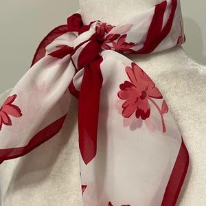 60s 70s floral scarf, Kmart polyester scarf, scarlet white and pink floral scarf, made in Japan, vintage head scarf, sheer neck scarf image 8