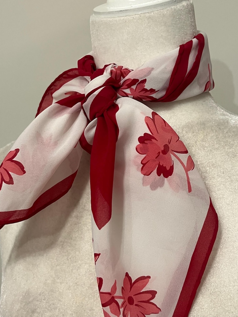 60s 70s floral scarf, Kmart polyester scarf, scarlet white and pink floral scarf, made in Japan, vintage head scarf, sheer neck scarf image 8