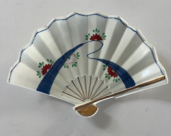 Vintage porcelain fan trinket dish, Asian fan, floral porcelain fan, bone blue gold dish, chinoiserie decor