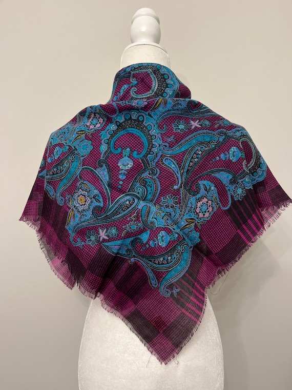 70s Glentex paisley scarf, purple & turquoise acry