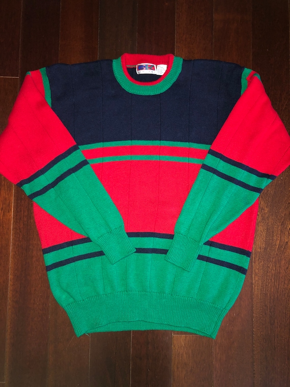 red and green striped sweater
