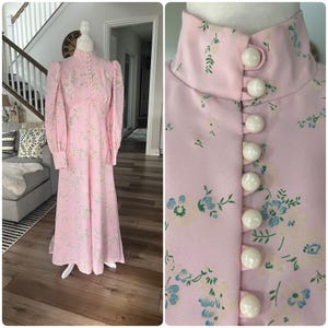 70s pink floral prairie dress, pink maxi dress, 70s empire waist dress, 70s formal dress, 70s long dress, 70s dress, boho dress, size M (8)