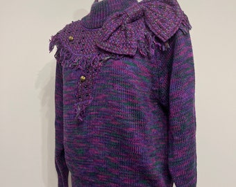 80s Ann Wi purple space dye sweater, bow neck sweater, statement sweater, fringe sweater, beaded embellished sweater, 80s unique sweater, M