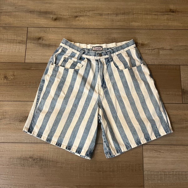 90s Cenza striped denim shorts, long denim shorts, Cenza by Palmettos shorts, blue & white striped shorts, 90s shorts, jean shorts, size 8