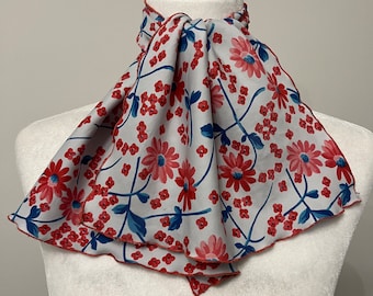 70s floral neck scarf, polyester scarf, red blue gray floral scarf, MCM scarf, 70s head scarf, boho scarf, rectangular scalloped edge scarf