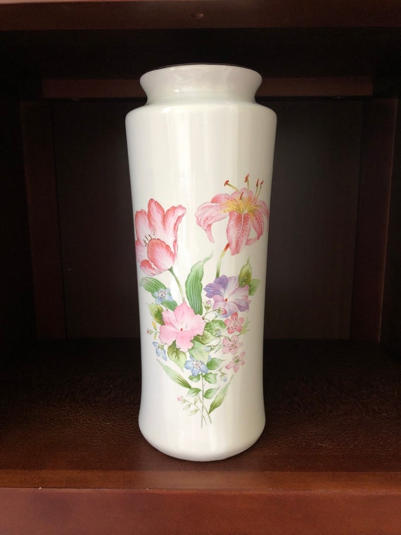 Vintage Action Japan Asian Floral Vase, White Vase W Pink & Purple