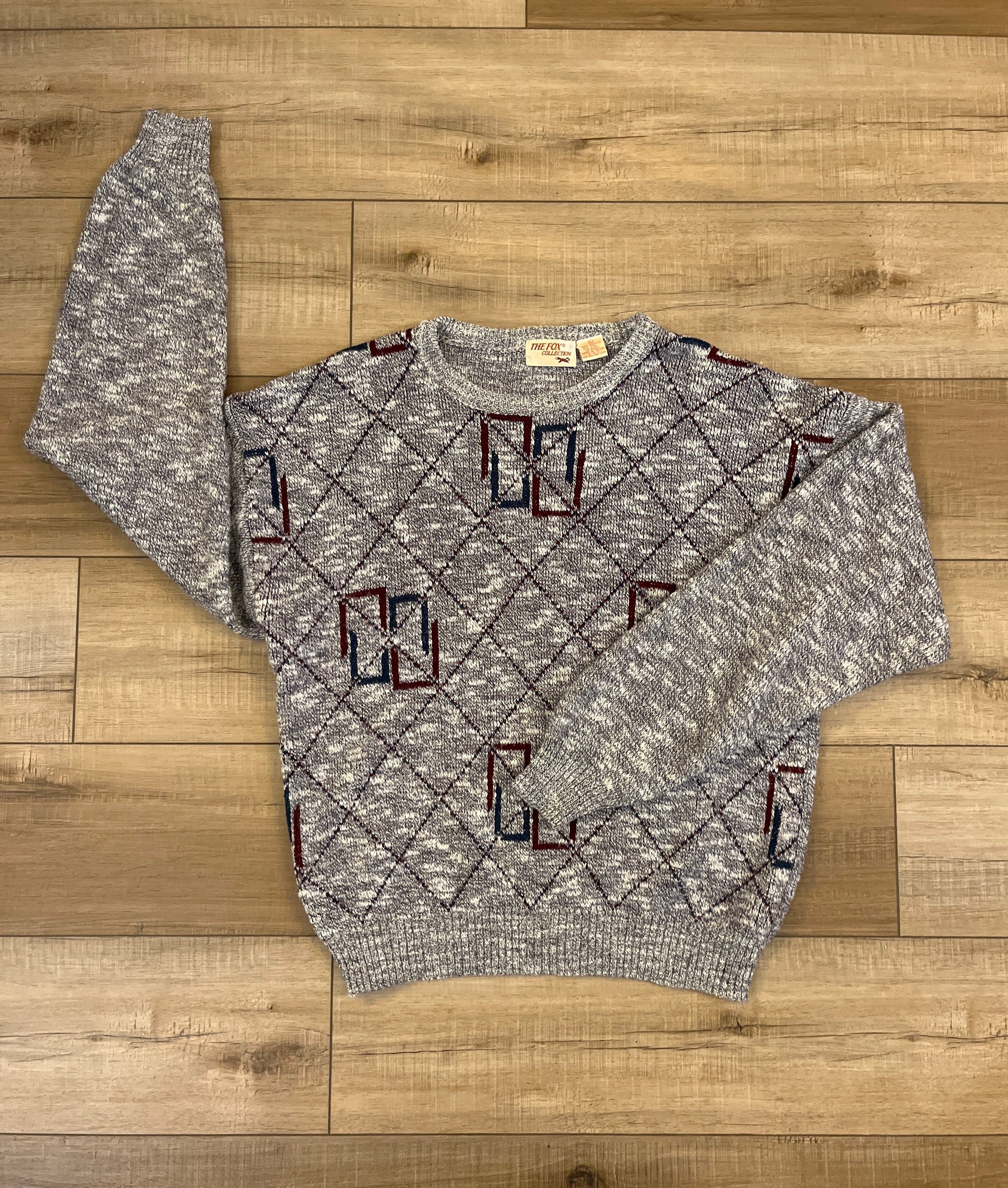 80s the Fox Collection Mens Sweater, Patterned Sweater, Geometric Sweater, Heather Gray Sweater, Hip Hop Sweater, Hipster Sweater, Size L - Etsy 80s the Fox Collection Mens Sweater, Patterned Sweater, Geometric Sweater, Heather Gray Sweater, Hip Hop Sweater, Hipster Sweater, Size L - Etsy