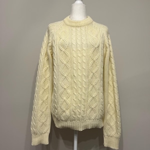 70s cream fisherman sweater, men’s Cranbrook cable sweater, acrylic fisherman core sweater, ivory cable sweater, 70s boho chunky sweater, L
