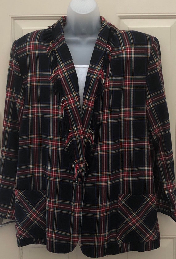 90s Claude oversized plaid blazer, fringe collar … - image 9