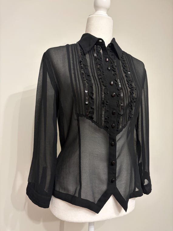 Bill Blass, 90s Bill Blass Sheer Black Tuxedo Blouse, Sequined Ribbon Blouse, Size S