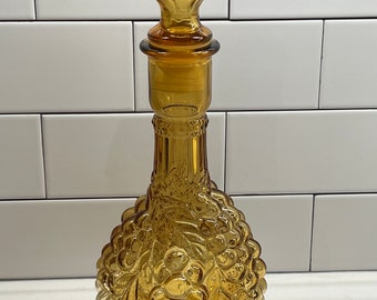 Vintage amber glass decanter, grapes embossed decanter, bohemian decanter, 12” MCM decanter, vintage decanter, bar cart decor, genie bottle