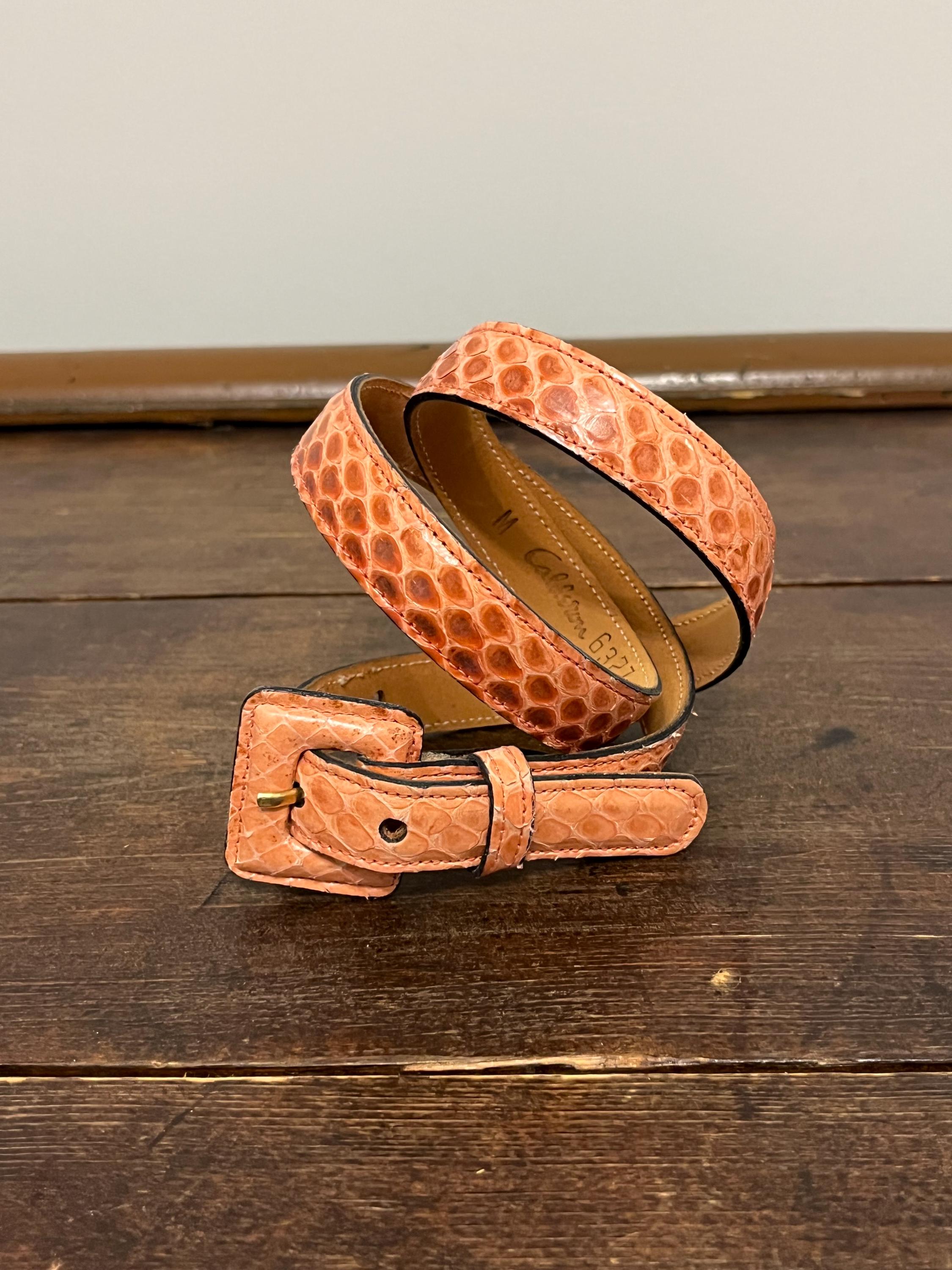 80s Calderon Salmon Colored Snakeskin Belt, Skinny Belt 