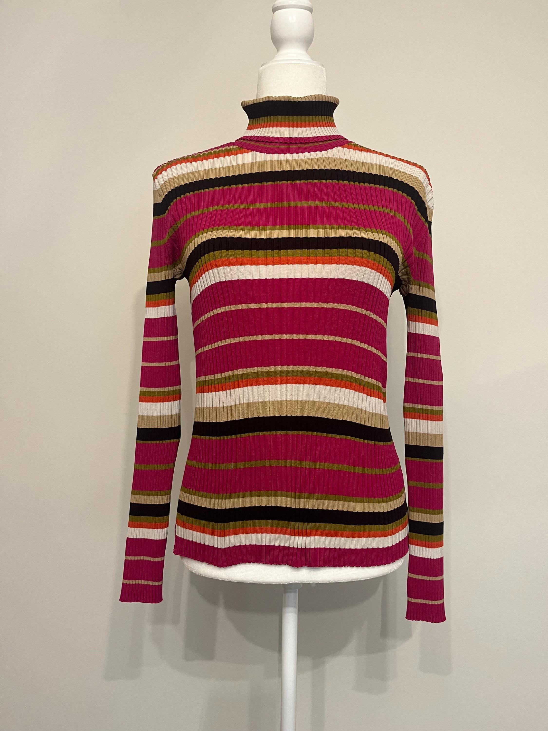 Y2K Striped Ribbed Turtleneck, Josephine Chaus Silk Nylon 