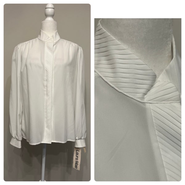 70s 80s Laura Mae white blouse, NOS white blouse, polyester white blouse, vintage white blouse, vintage careerwear, office blouse, size 18