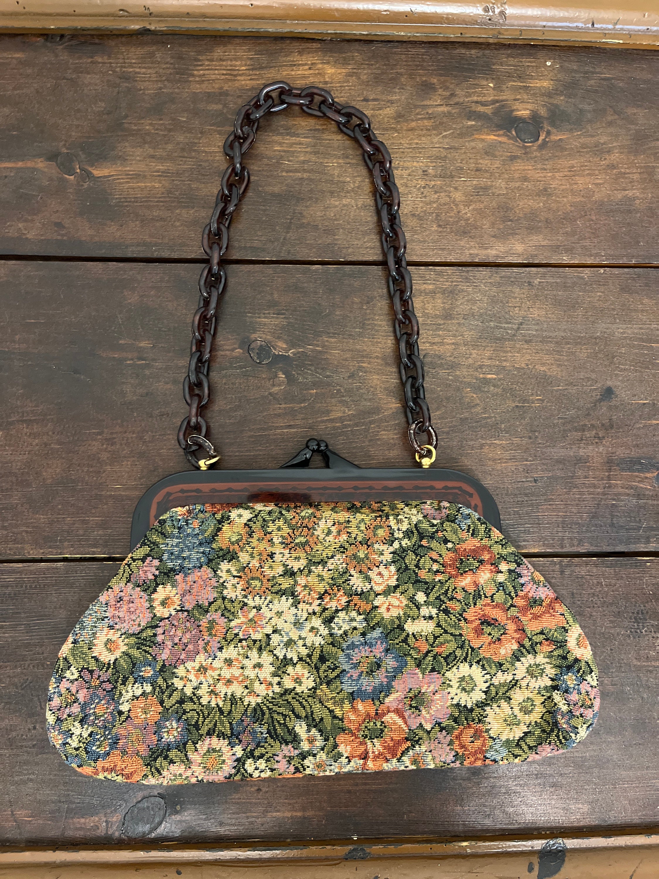 Brown Leather Handbag With Floral Vintage Needlepoint, Handmade