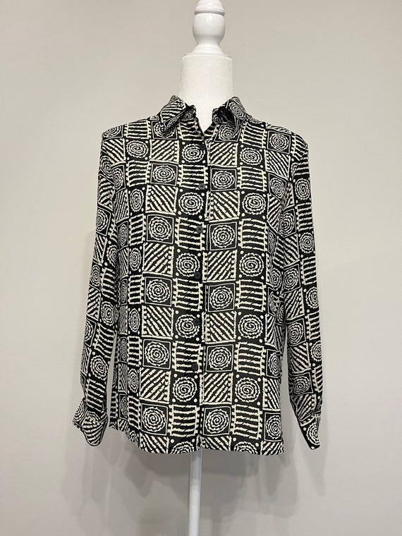 90s Notations sheer blouse, geometric blouse, blac