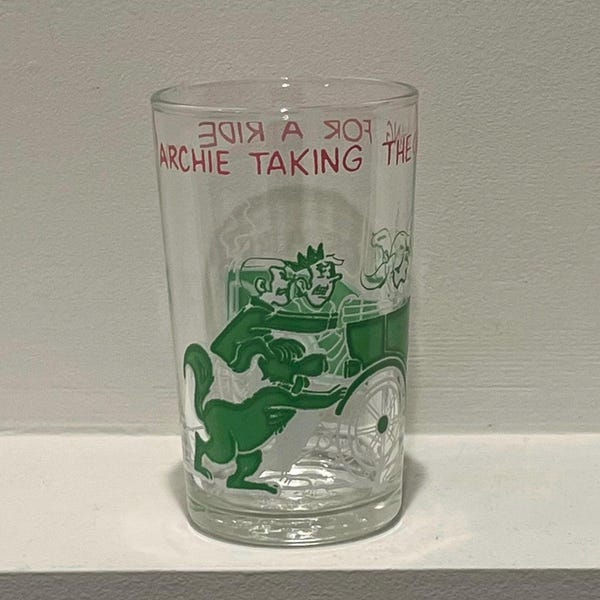 1971 Welch’s Archie Taking The Gang For A Ride glass, 8oz Archie’s Comic jelly jar glass, The Archie’s collectible juice glass