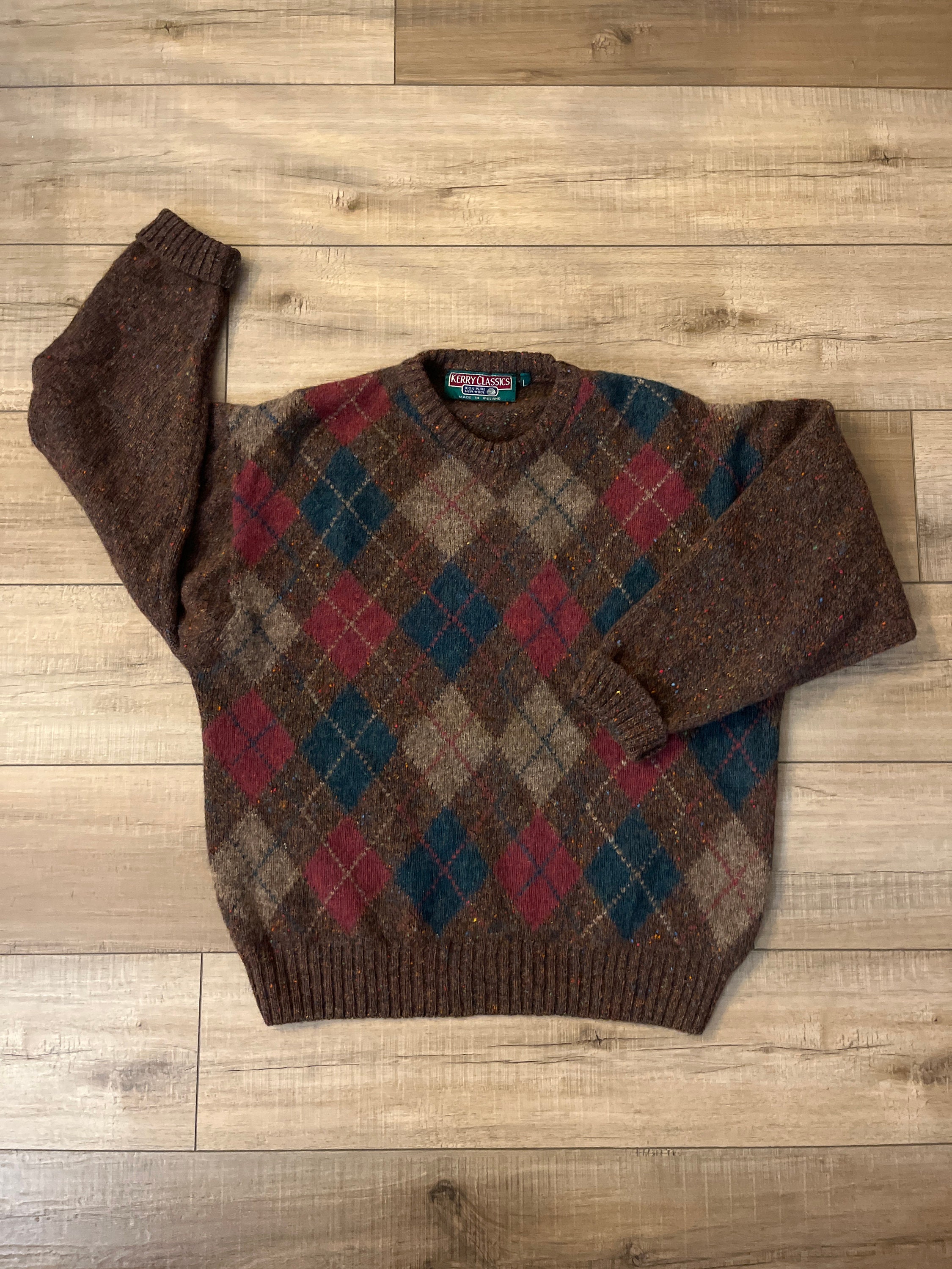 Vintage Kerry Classics Wool Argyle Sweater, Irish Wool Sweater 