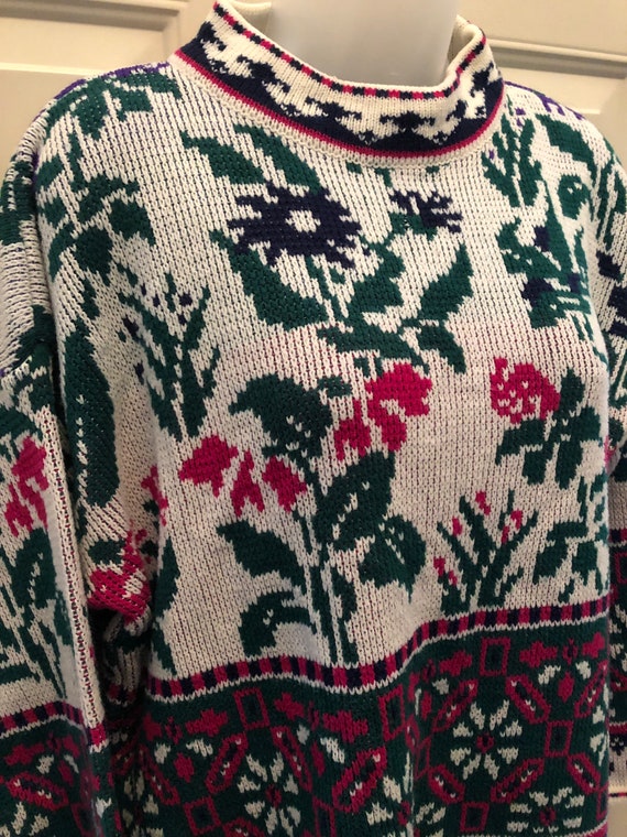 80s Gitano floral sweater, mock neck floral snowf… - image 2