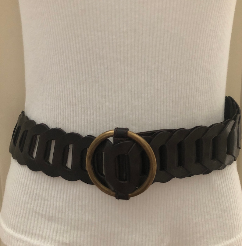 wide leather waist belt boho belt L Vintage dark brown leather link belt Brazilian leather belt adjustable waist belt